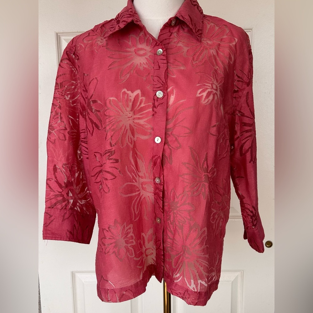 Mirasol Women’s Red Burnout Semi-Sheer Linen Blouse Size Large